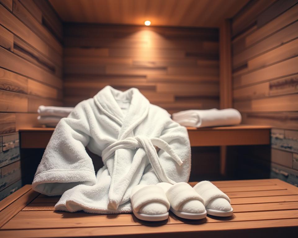 Saunabademantel und Badeschlappen im Wellness-Bereich Saunabademantel und Badeschlappen im Wellness-Bereich
