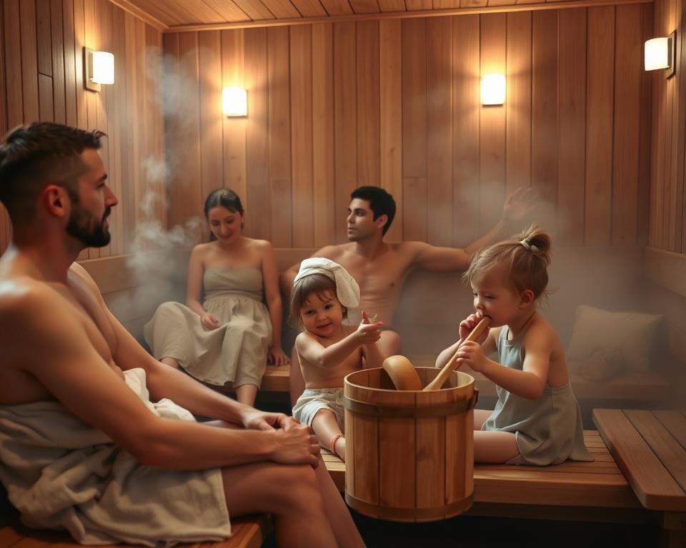 Kinder und Erwachsene in der Sauna Kinder und Erwachsene in der Sauna